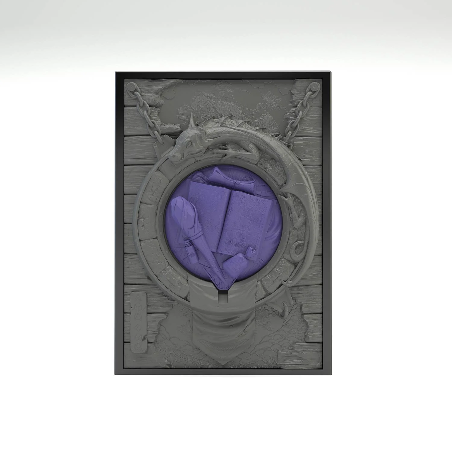 Tour à dé sculptée représentant un symbole magicien violet, prêt à transporter vos dés et permet de les lancer. Idéal pour lancer et transporter vos dés. Vue de face. Vue de face, boité fermée.