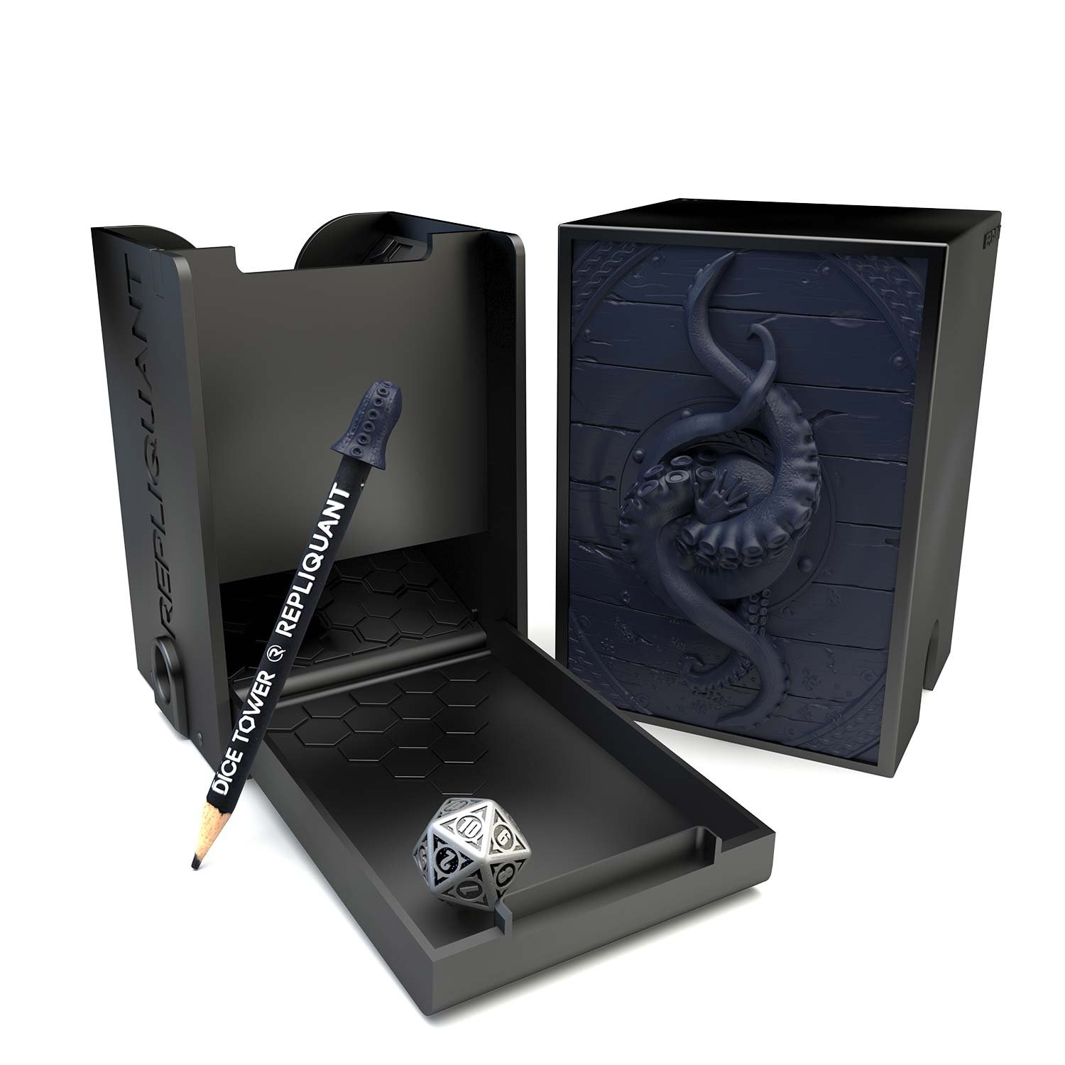 Image vignette de la tour à dé sculptée avec des tentacules de Kraken bleu. Format compatible l’ensemble des sets de dés, en résine peinte ou personnalisable.