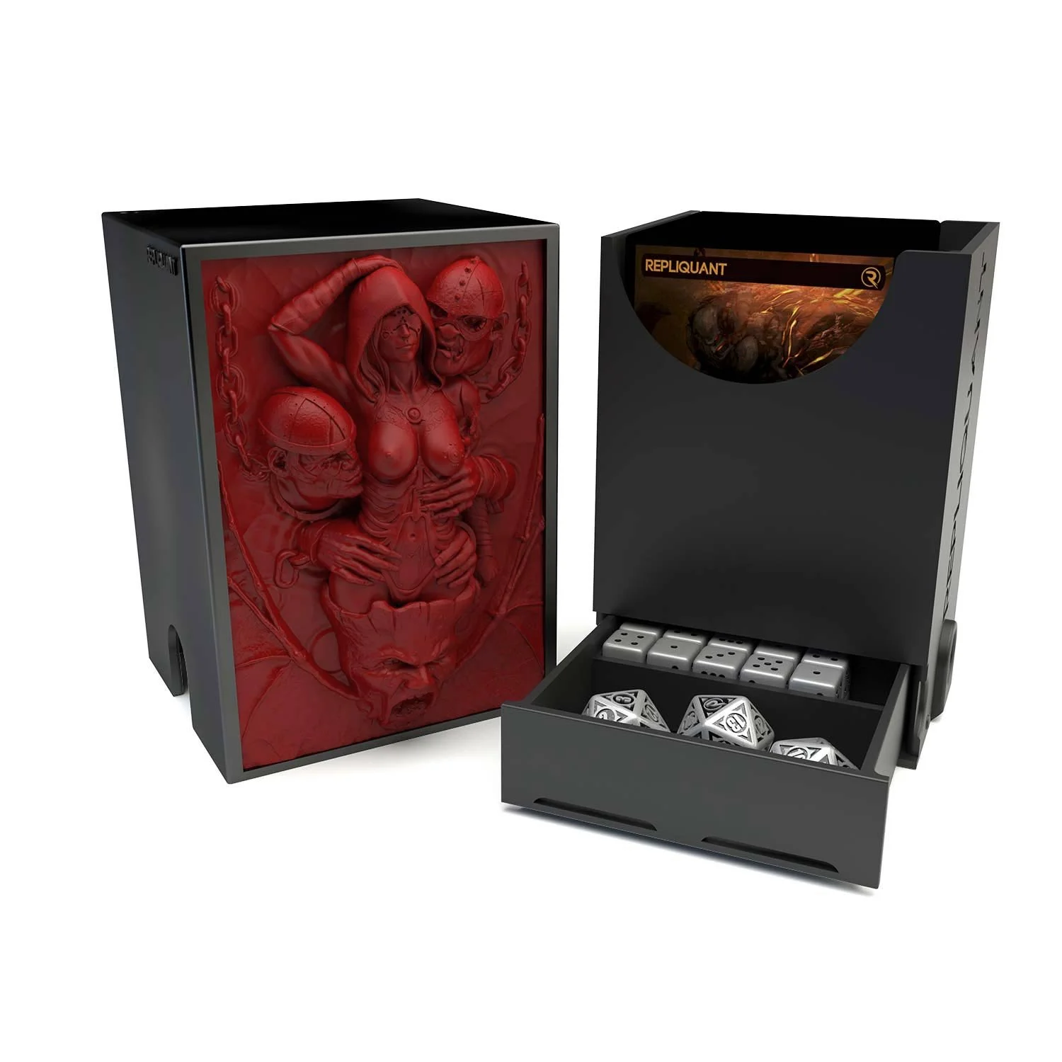 Deck box dans le thème damnation, intérieur 60+15 avec un tiroir pour ranger les dés et absorbeur d’humidité.