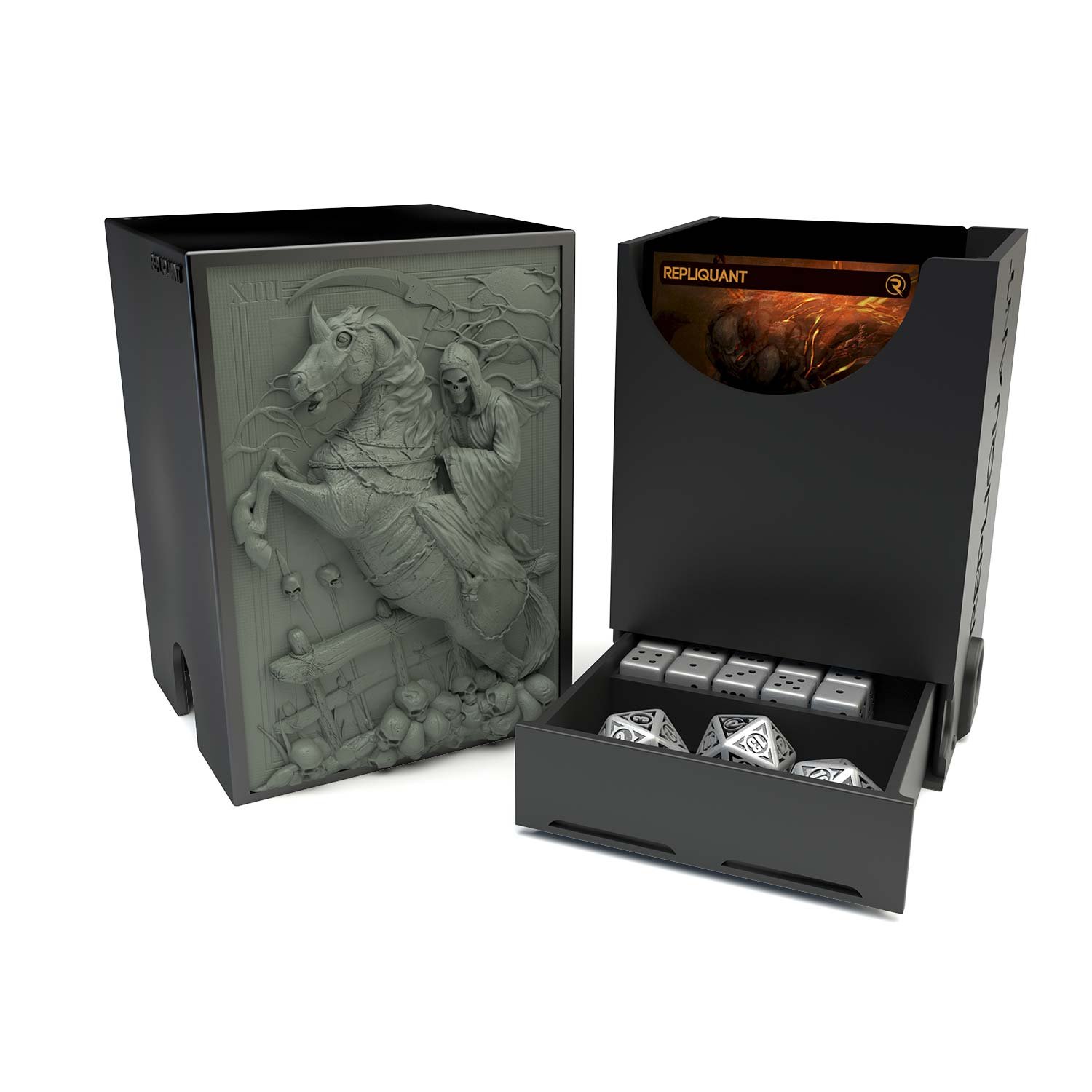 Deck box dans le thème XIII, intérieur 60+15 avec un tiroir pour ranger les dés et absorbeur d’humidité.