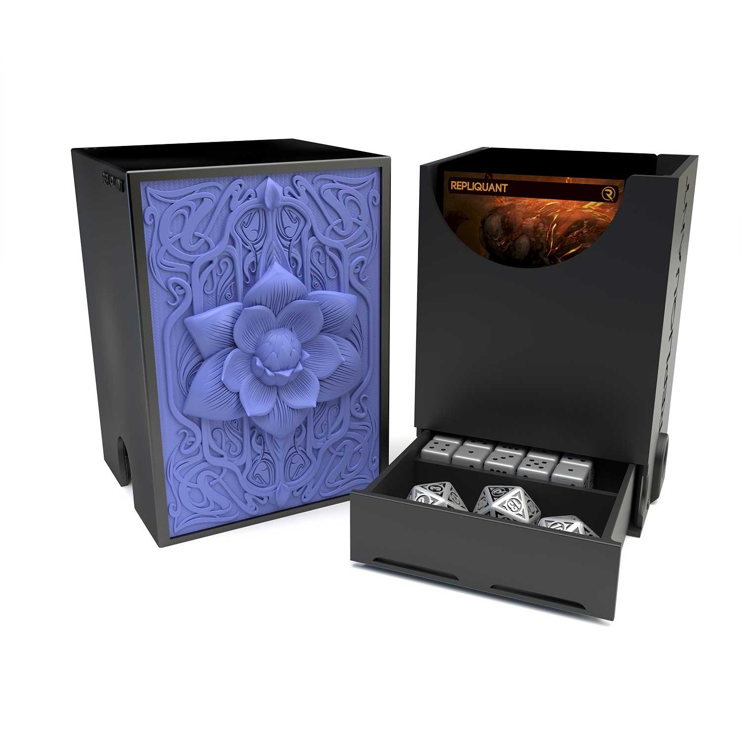 Deck box dans le thème lotus, intérieur 60+15 avec un tiroir pour ranger les dés et absorbeur d’humidité.