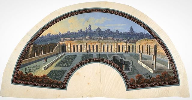 Italian School, Naples, Villa di Pompejo, circa 1800.
.
🖌 This splendid, hand-painted, fan-shaped #gouache depicts the #VillaofDiomedes among the ruins of #Pompeii, about 50 years after the excavations began in 1748. .
.
🖌 This fan is hand-painted 