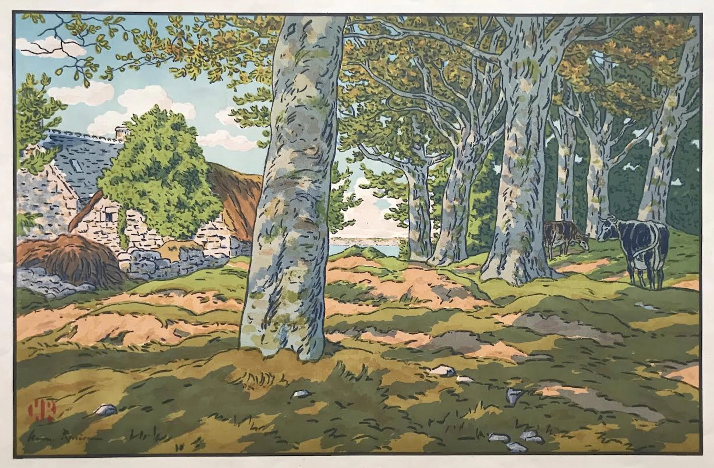    Le Bois de Hetres à Kerzardern, 1917    From Le Beau Pays de Bretagne.   A series of twenty lithographs in twelve or fourteen colors, edition of 500, plus 100 numbered and signed. Dm. 230 x 350 mm, Ref: Fields 20. 