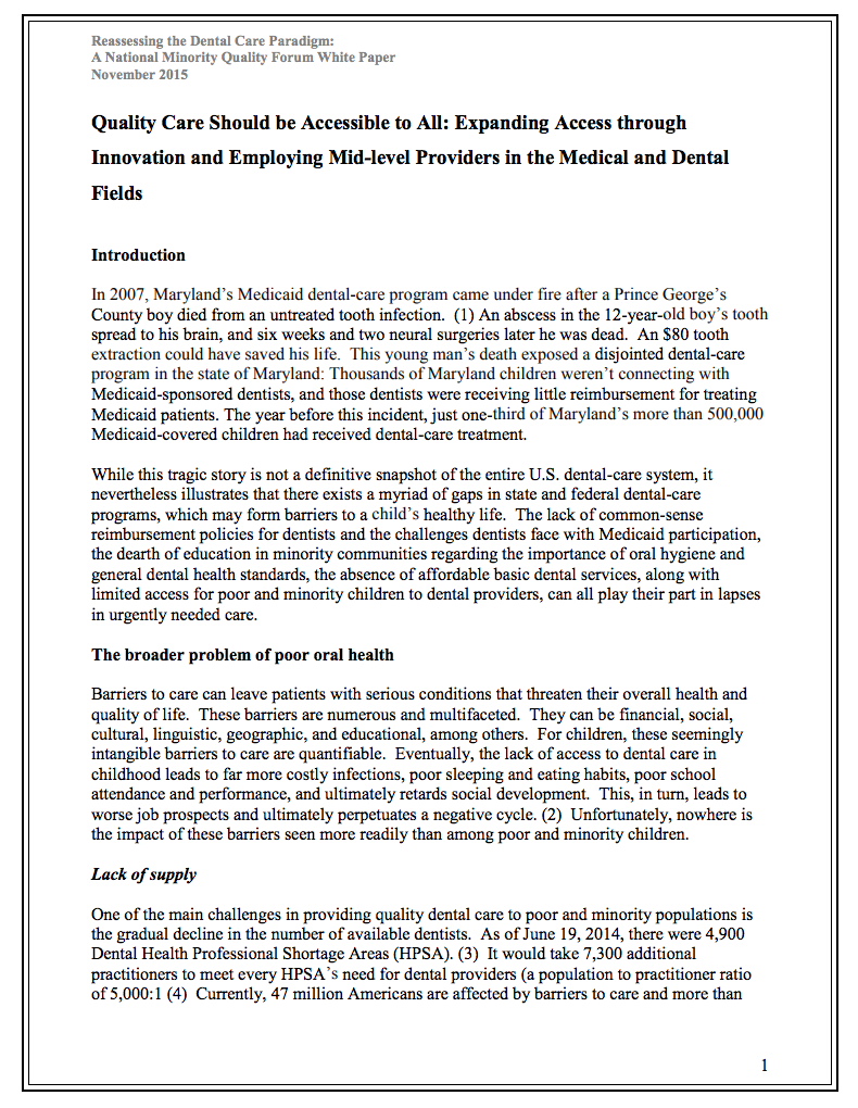 Reassessing the Dental Care Paradigm: A National Minority Quality Forum White Paper