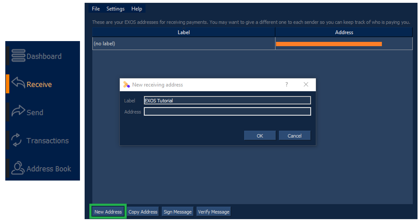 Click on “Receive”. Then create your new receiving address here.