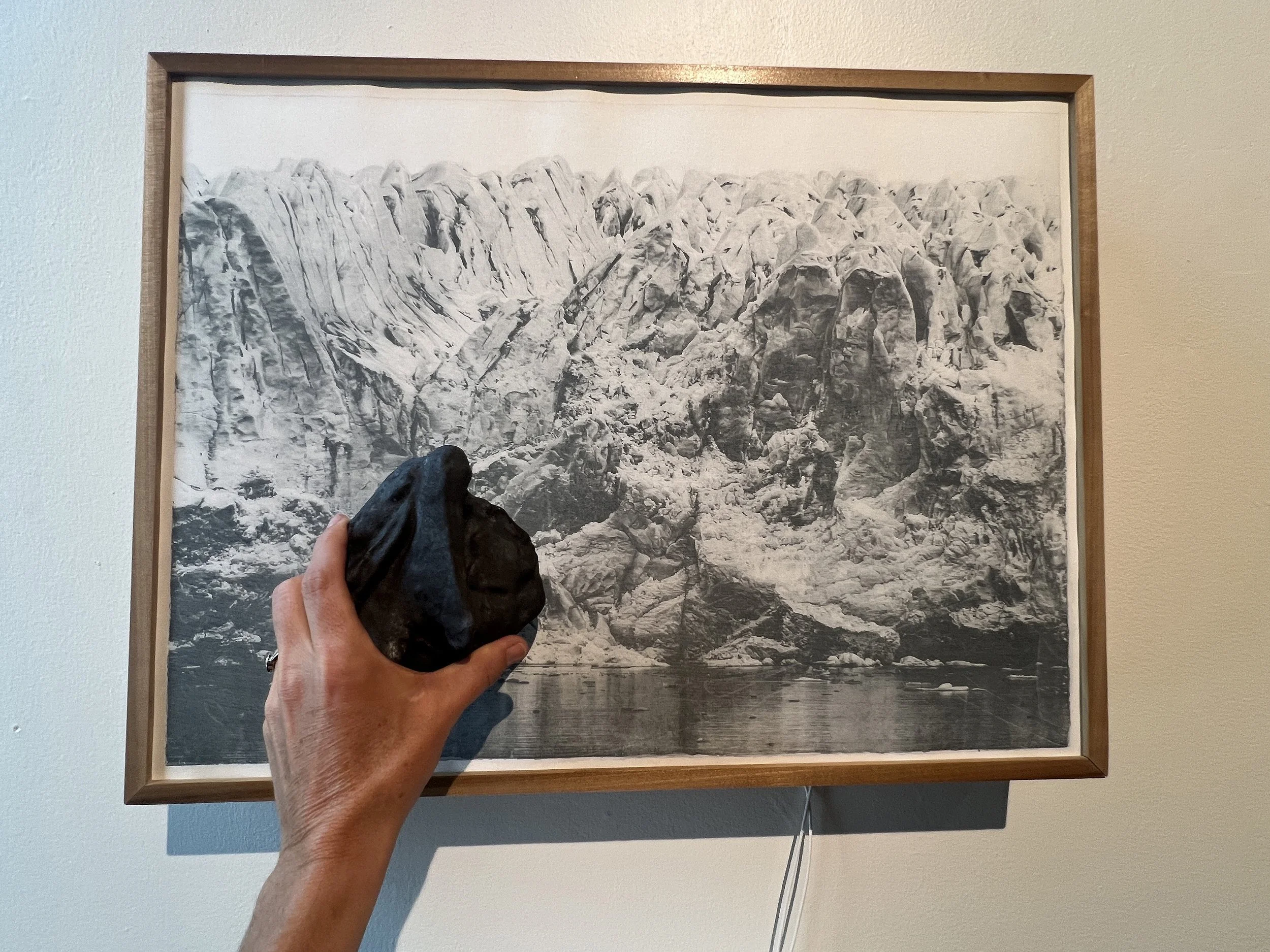   Lilliehöökbreen, Svalbard   Paper, pigment, copper, 3D-scanned glacial ice, ceramic, magnet, wire, Sound: meltwater, ancient air releasing from ice, bearded seal 