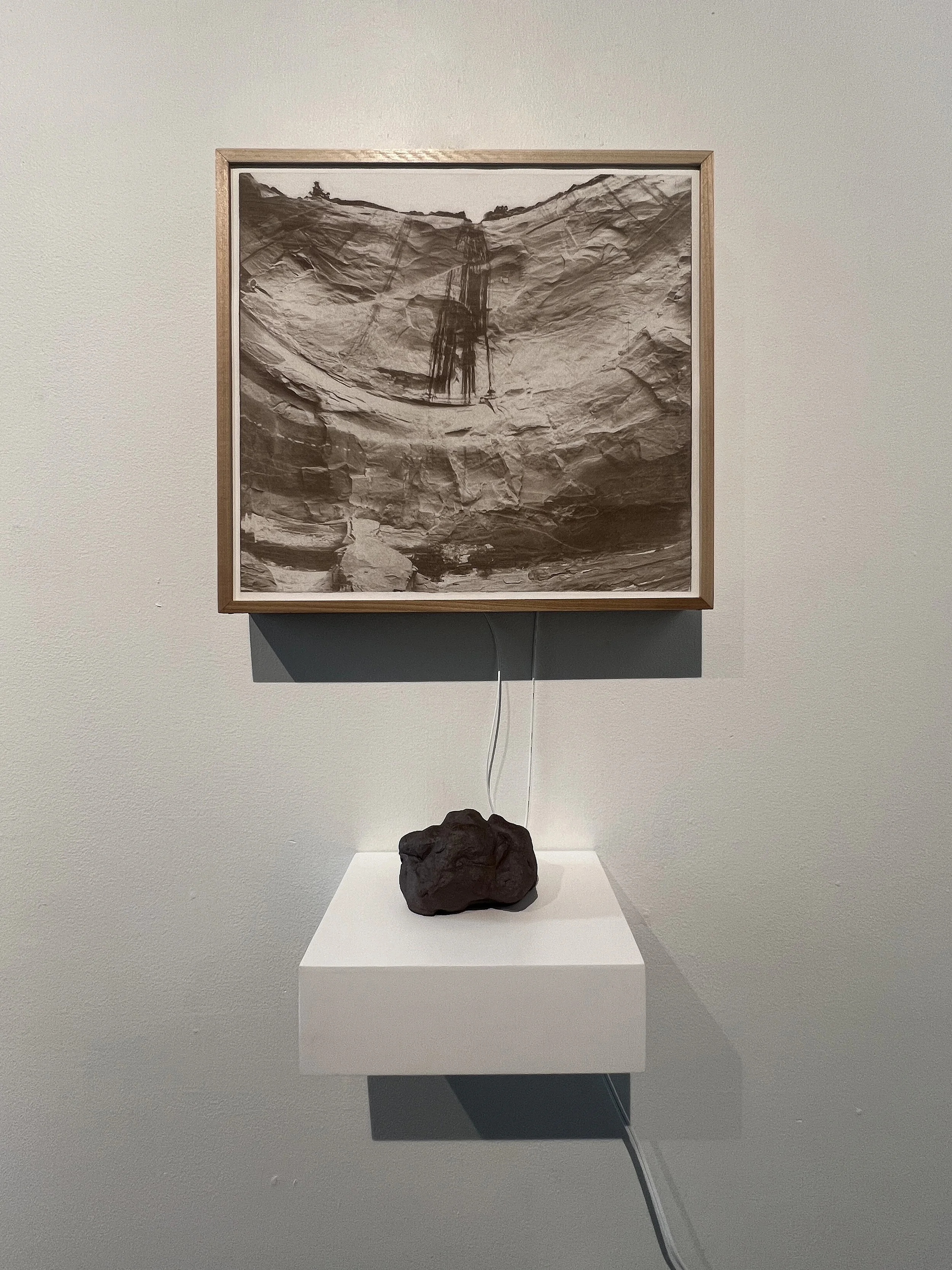   Echo Amphitheater, New Mexico   Paper, pigment, copper, desert rock cast in ceramic, wire, Sound: morning chorus, peregrine falcon 