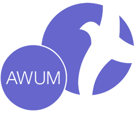 Logo with a purple circle and a stylized black airplane silhouette, the word 'AWUM' inside the circle.