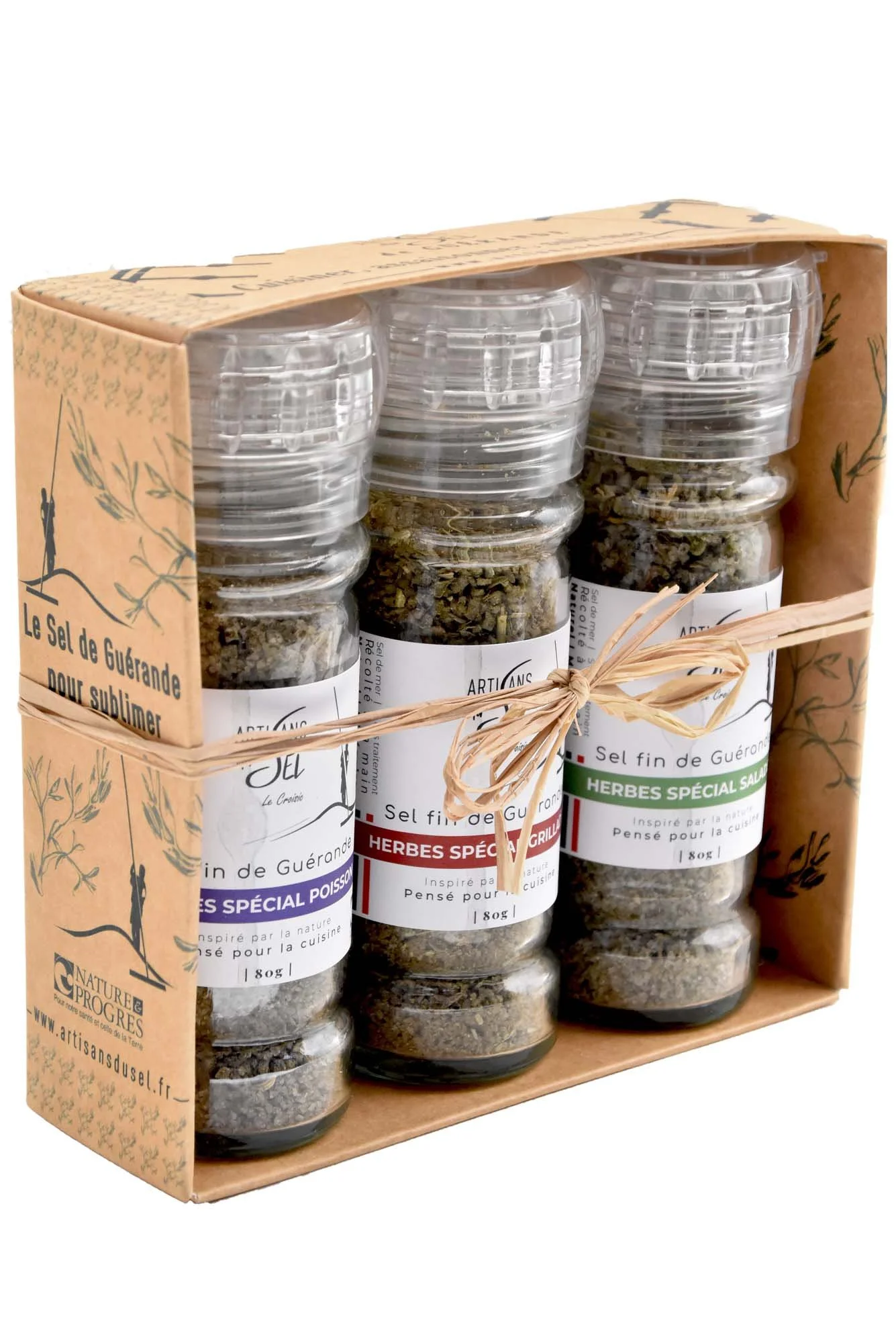 Coffret de 3 Moulins – Sel fin de Guérande IGP aux Herbes BIO (Salades, Grillades, Poisson) | Artisans du Sel