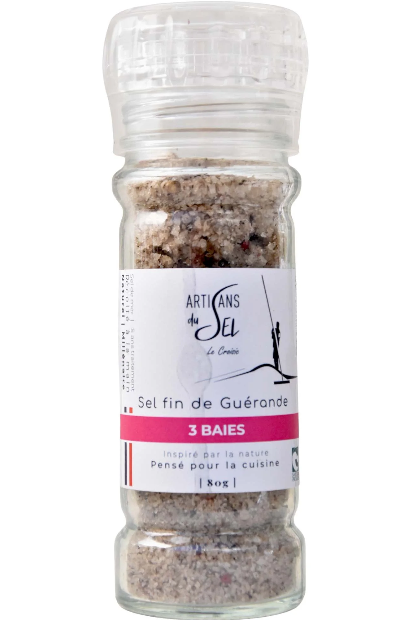 Sel fin de Guérande aux 3 Baies – Moulin Rechargeable 80g – Artisans du Sel