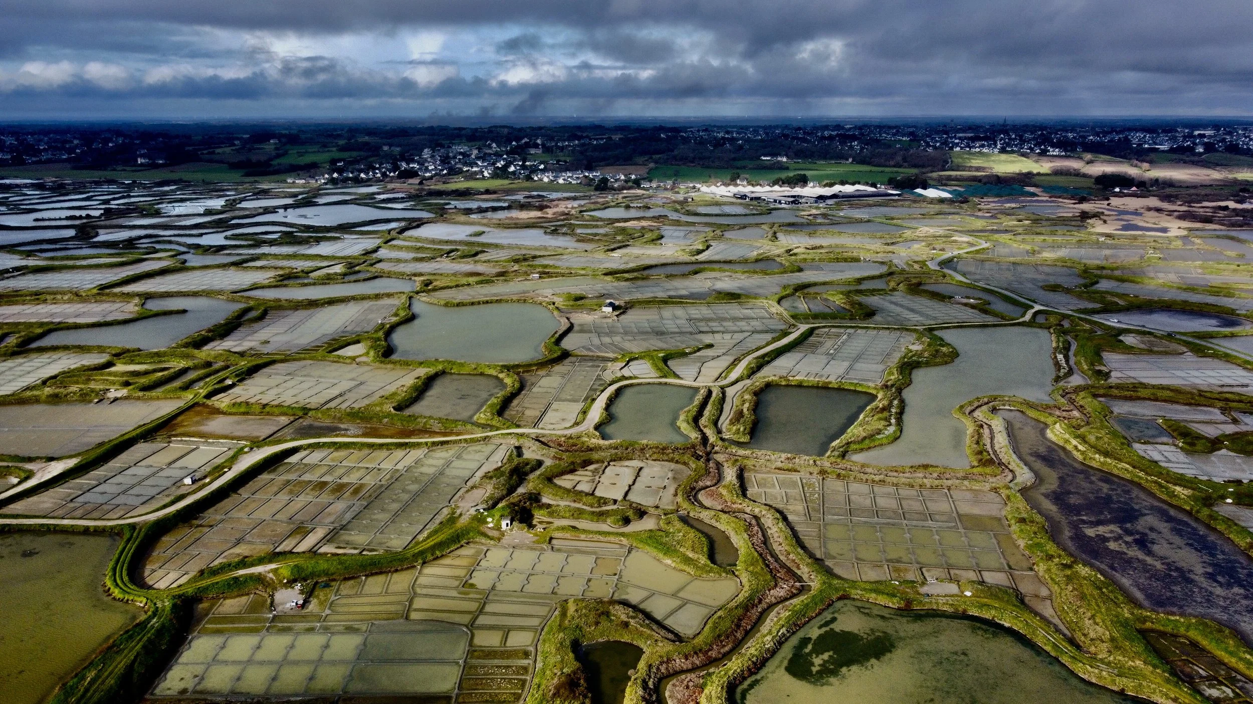 Vues aériennes de champs agricoles et de marais salants délimités par des canaux et des haies, sous un ciel nuageux.