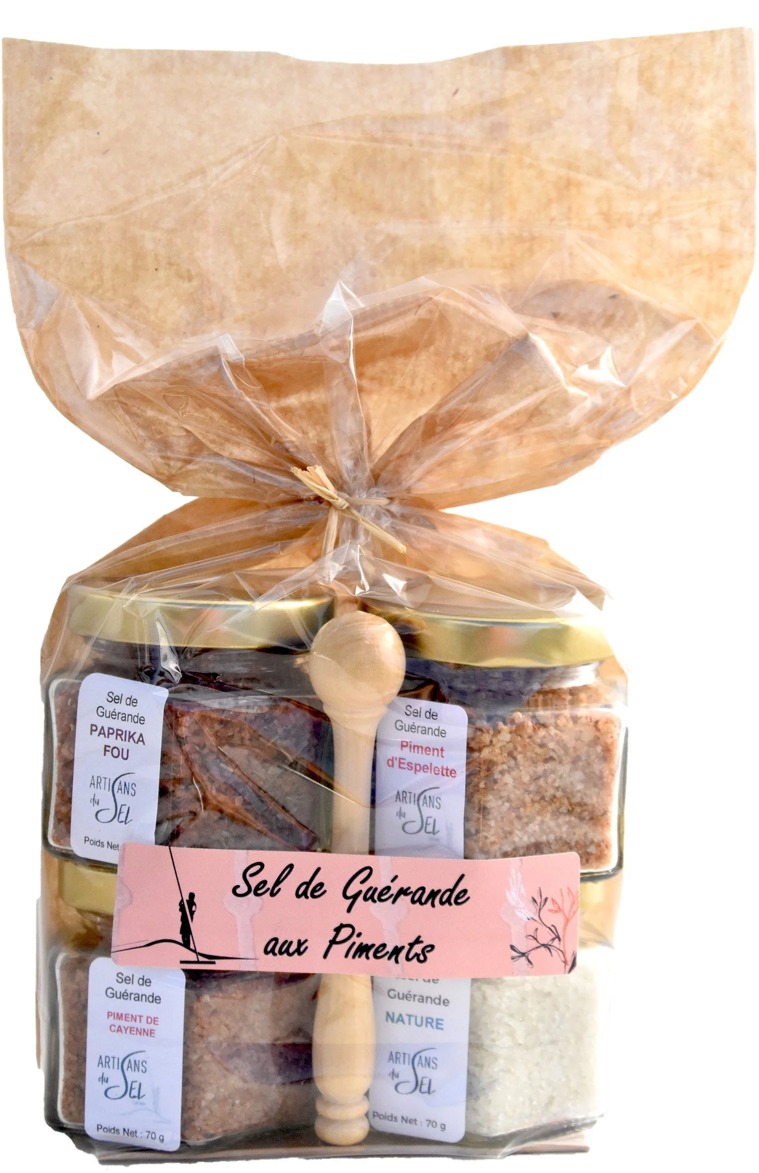 Lot de Sel de Guérande aux Piments - Verrines Hexagonales et Pelle en Buis 4*70g - Artisans du Sel