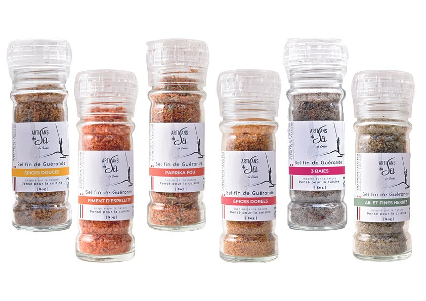 Assortiment de 6 Moulins Sel fin de Guérande - Épices douces, Paprika Fou, Piment d’Espelette, Épices Dorées, Ail et fines herbes, 3 Baies - 80g*6 - Artisans du Sel