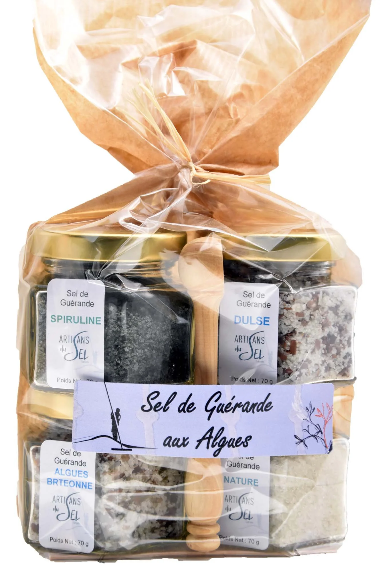 Lot de 4 Verrines de Sel Fin aux Algues + Pelle en Buis - 4*70g | Artisans du Sel