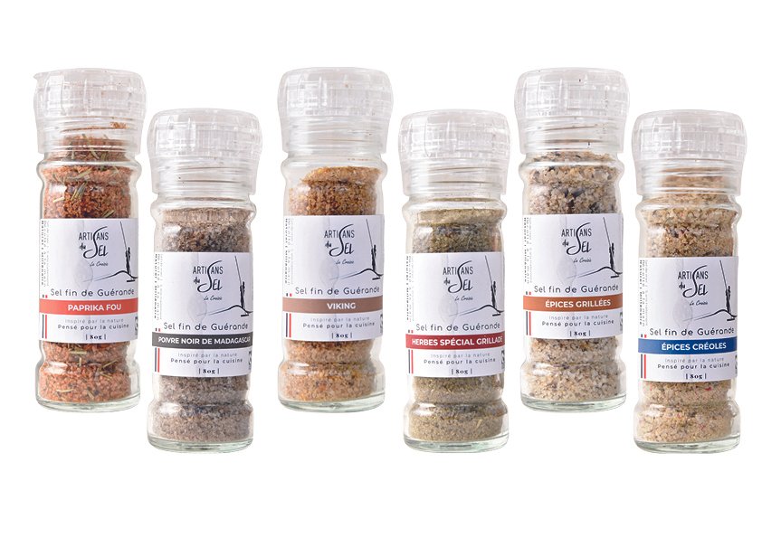 Selection de 6 Moulins Sel fin de Guérande - Grillade, Paprika Fou, Viking, Epices Grillées, Poivre Noir, Créole - 80g*6 - Artisans du Sel