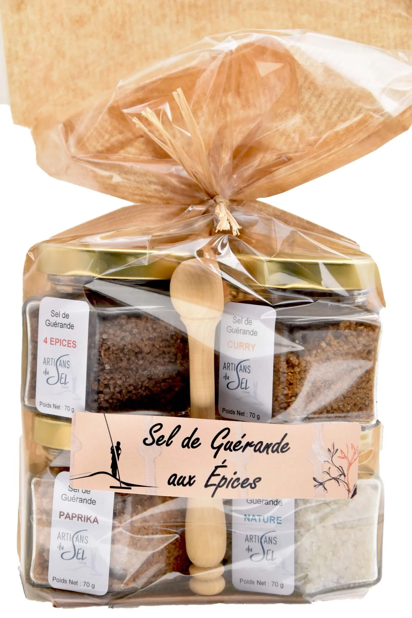 Lot de Sel de Guérande aromatisé aux épices + Pelle en Buis - 4*70g | Artisans du Sel