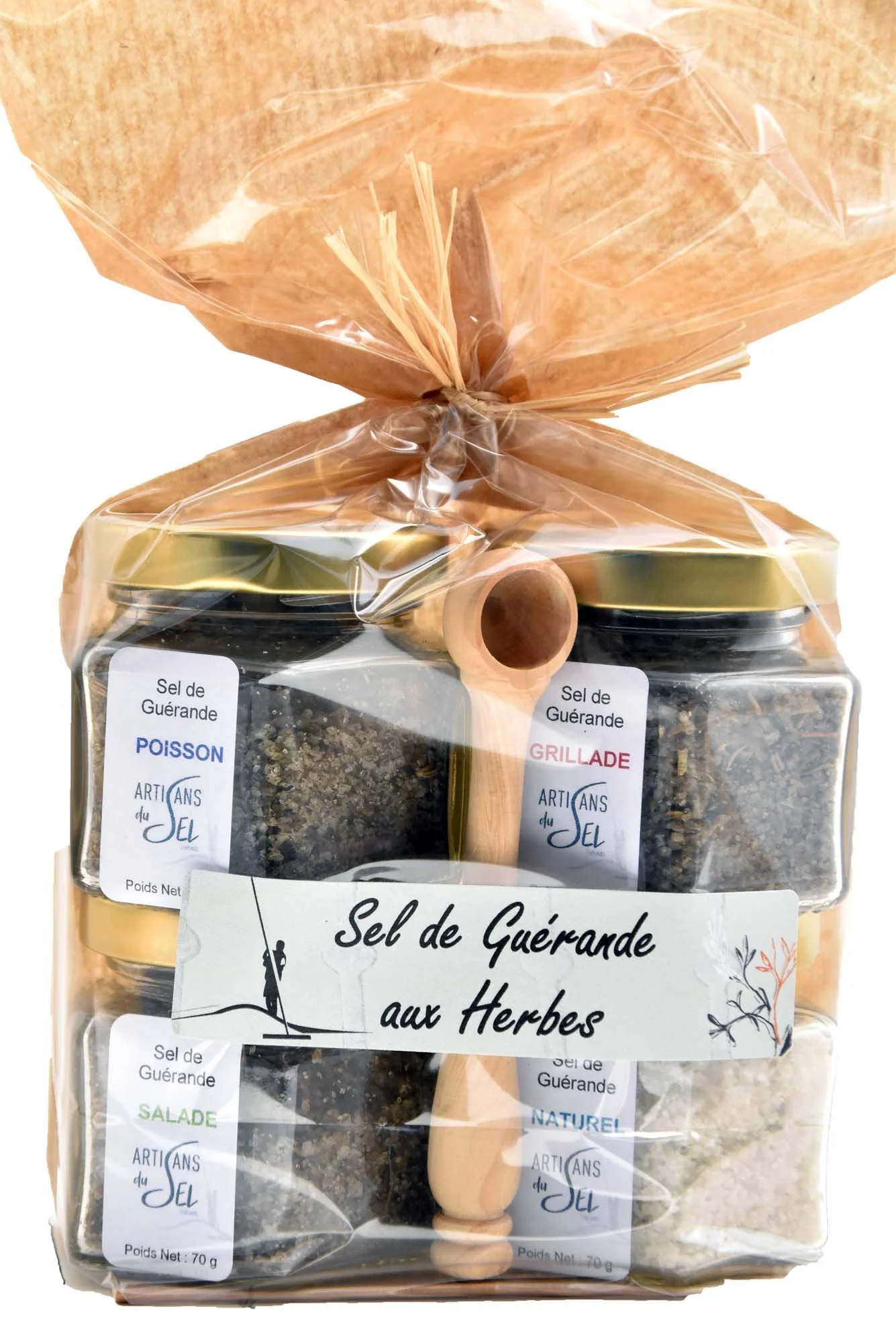 Lot de Sel fin de Guérande aromatisé aux Herbes + Pelle en buis - 4*70g | Artisans du Sel