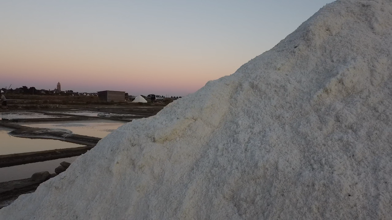 Une grande pile de sel près de marais salants avec des bâtiments et un clocher au loin, au coucher du soleil.