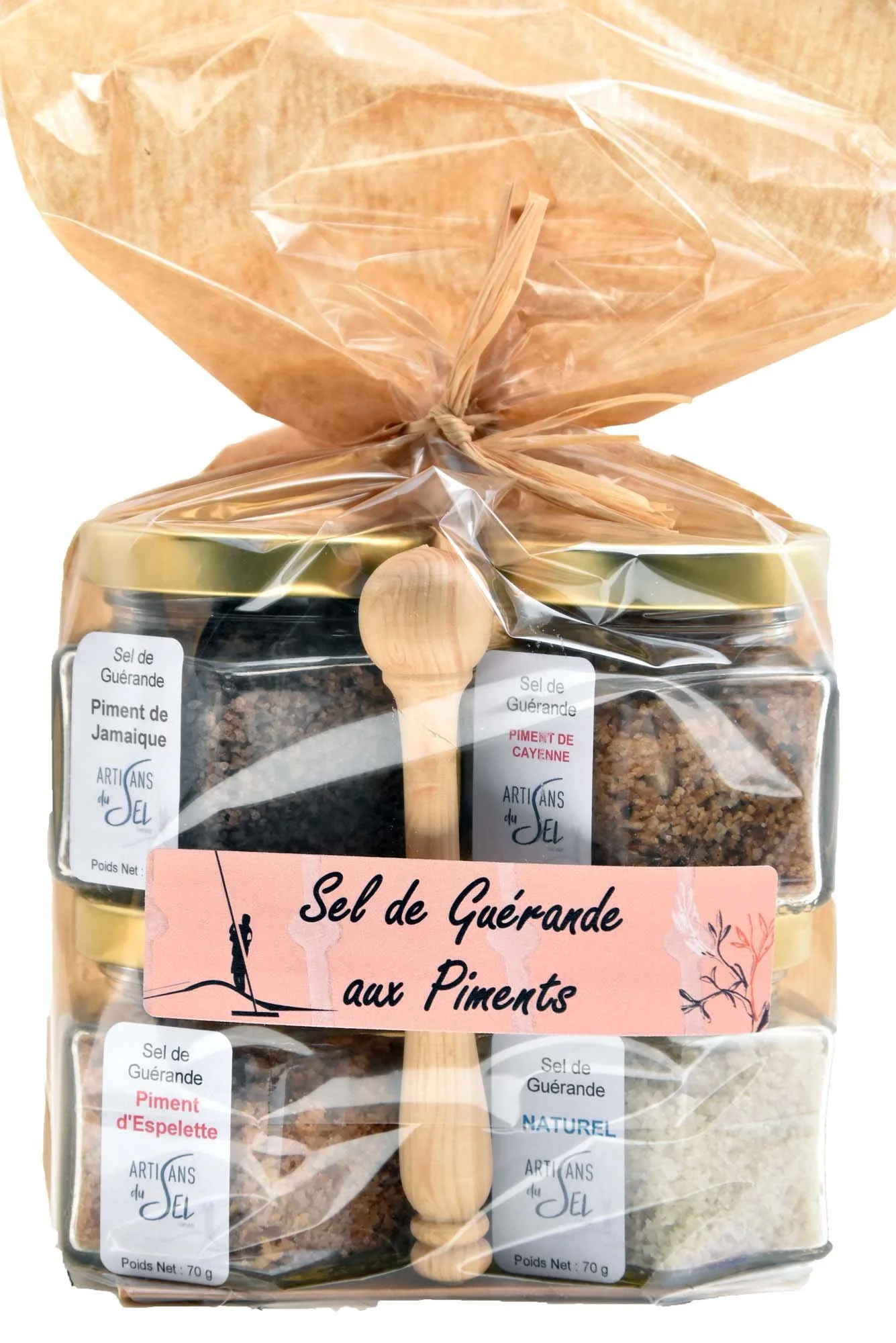 Lot de Sel de Guérande aromatisé aux Piments + Pelle en Buis - 4*70g | Artisans du Sel