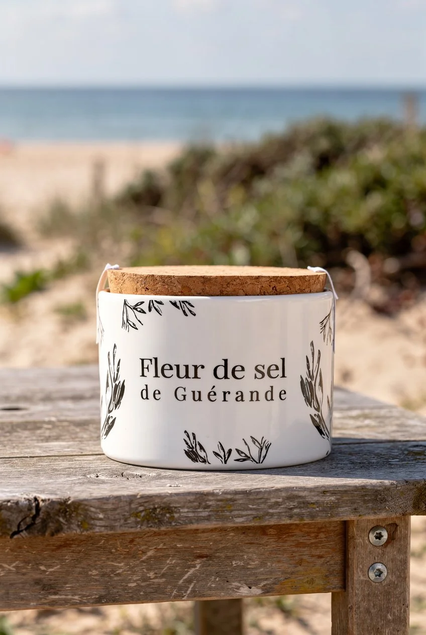 Pot de sel de Guérande avec un couvercle en liège, placé sur un banc en bois, avec une plage en arrière-plan.