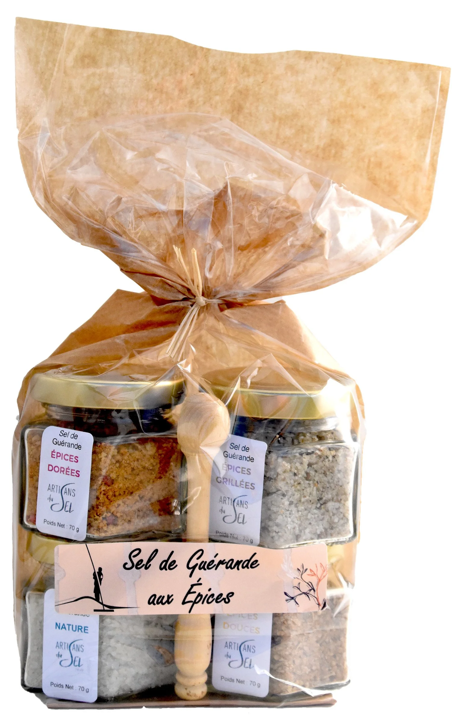 Lot de Sel fin de Guérande aux Epices - Verrines Hexagonales et Pelle en Buis - 4*70g - Artisans du Sel