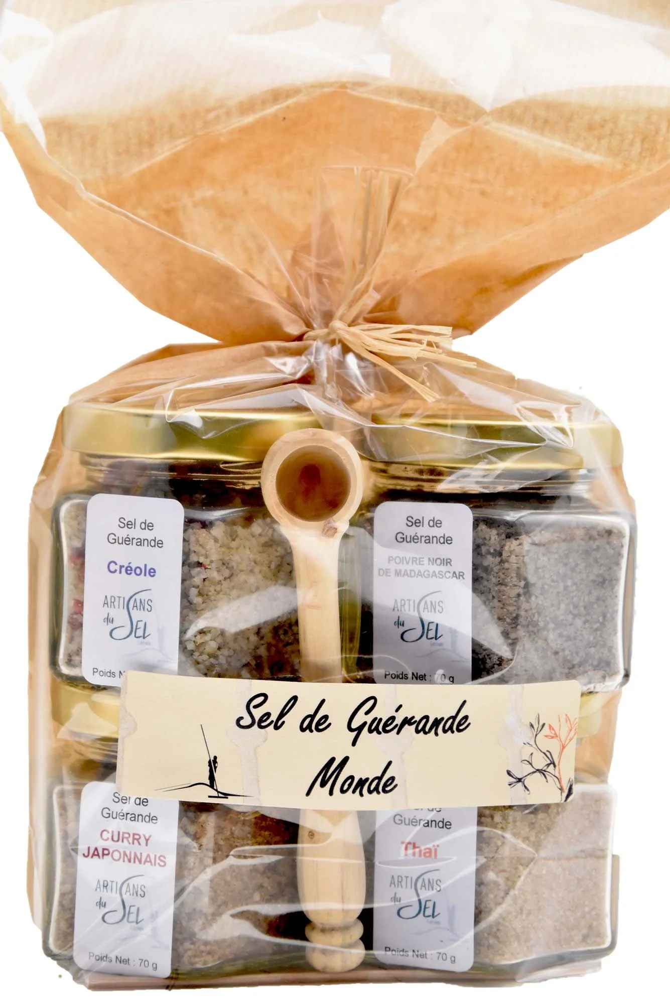 Coffret 4 Verrines aux Épices du Monde – Sels fins de Guérande IGP + Pelle en Buis - 4*70g | Artisans du Sel