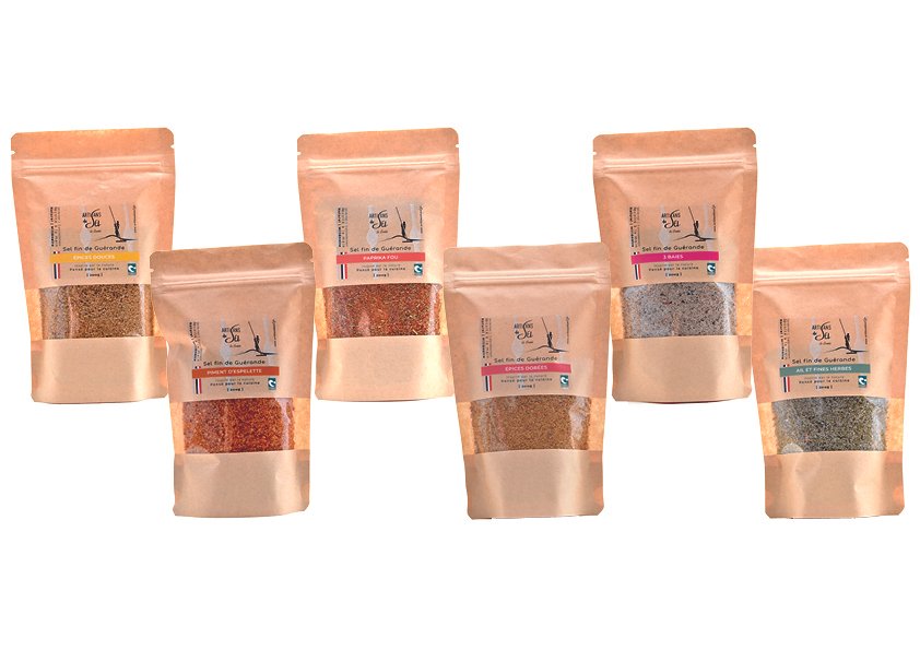 Assortiment de 6 Recharges Sel fin de Guérande  – Épices douces, Paprika fou, Piment d’Espelette, Épices Dorées, Ail et fines herbes, 3 Baies - 200g*6 - Artisans du Sel