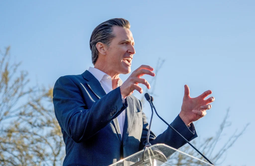 California Lt. Governor, Gavin Newsom speaks at the United Voices Rally outside the United Talent Agency Friday, February 24, 2017 in Beverly Hills, California. AFP/AFP/GETTY IMAGES