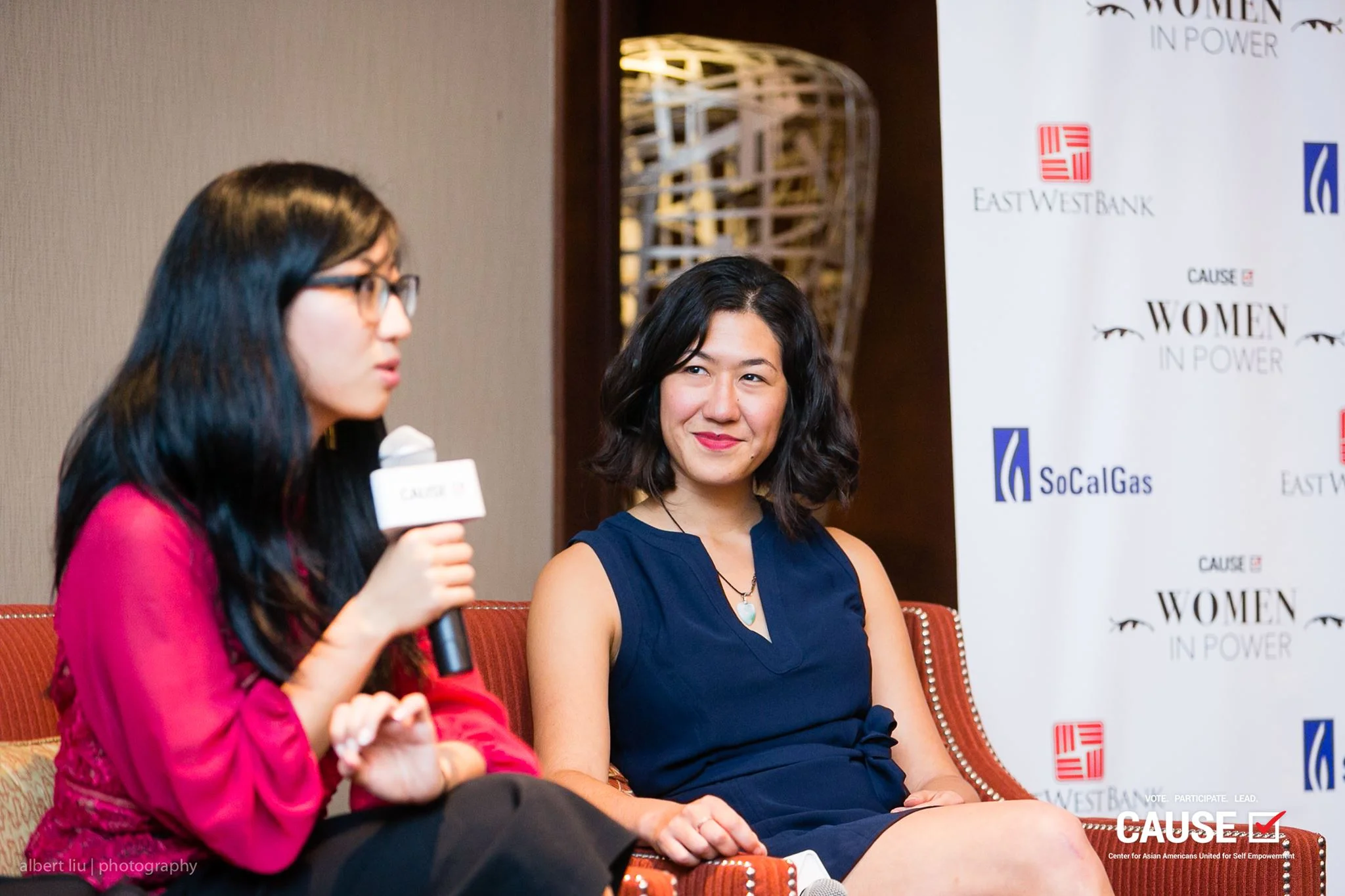Suzy Ryoo and Tracy Lawrence speaking at the 2018 CAUSE Women in Power "Leading Through Workplace Patriarchy" Networking Reception