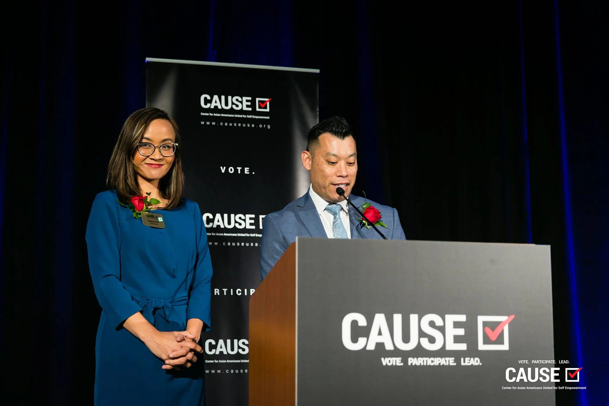 CAUSE Board Members Tammy Tran and Adam Ma speaking at the 2019 CAUSE Annual Gala: The Future We Define