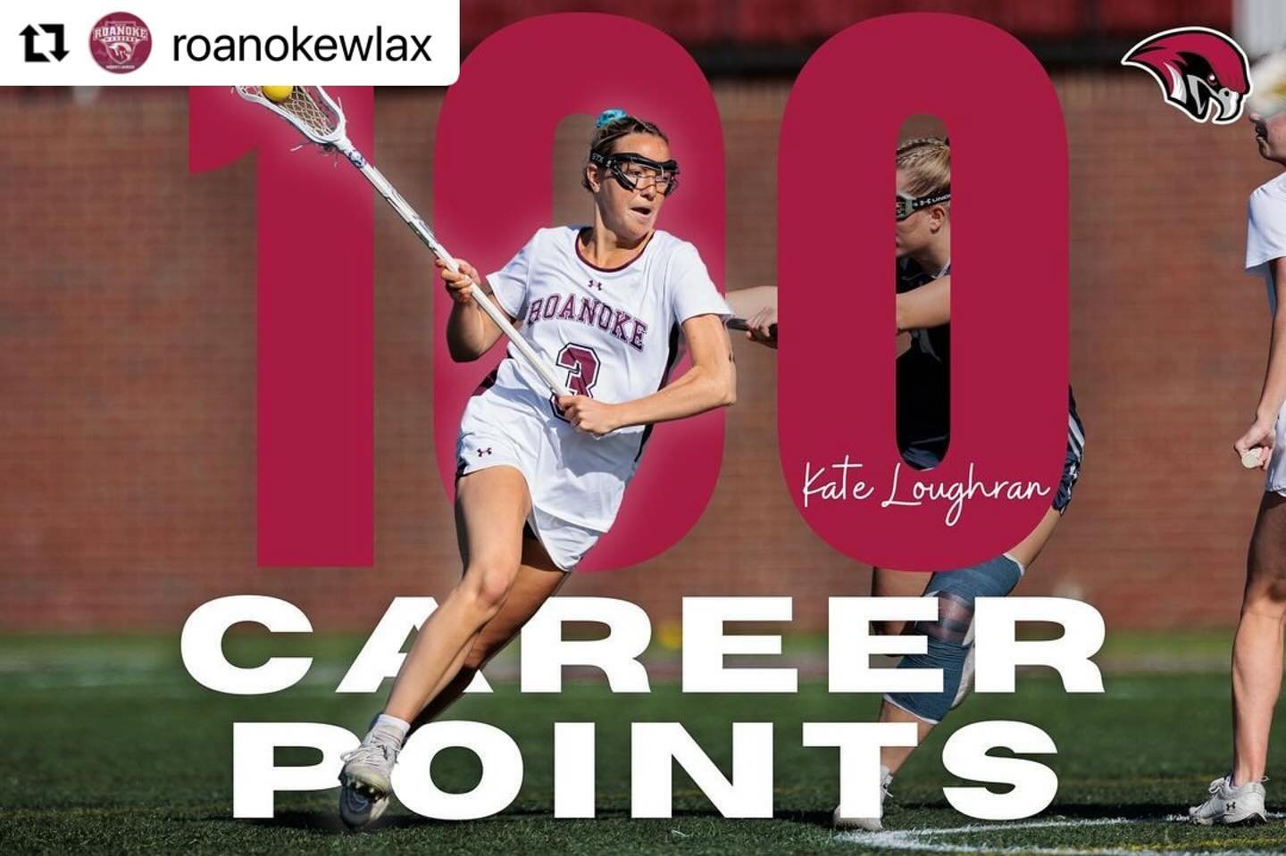 Kate Loughran reached the 100 career points milestone yesterday for @roanokewlax. She is in her senior year and now has 63 goals and 42 assists.  Amazing accomplishment Kate! ❤️🤜#GYLAlumni