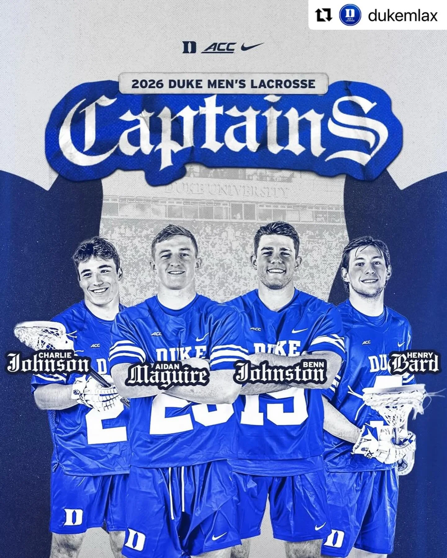 We are proud of Charlie Johnson on being named a captain of @dukemlax!  #GYLAlumni
・・・
Ready to lead 😈🫡

Can&rsquo;t wait for the 2026 season with these four at helm!