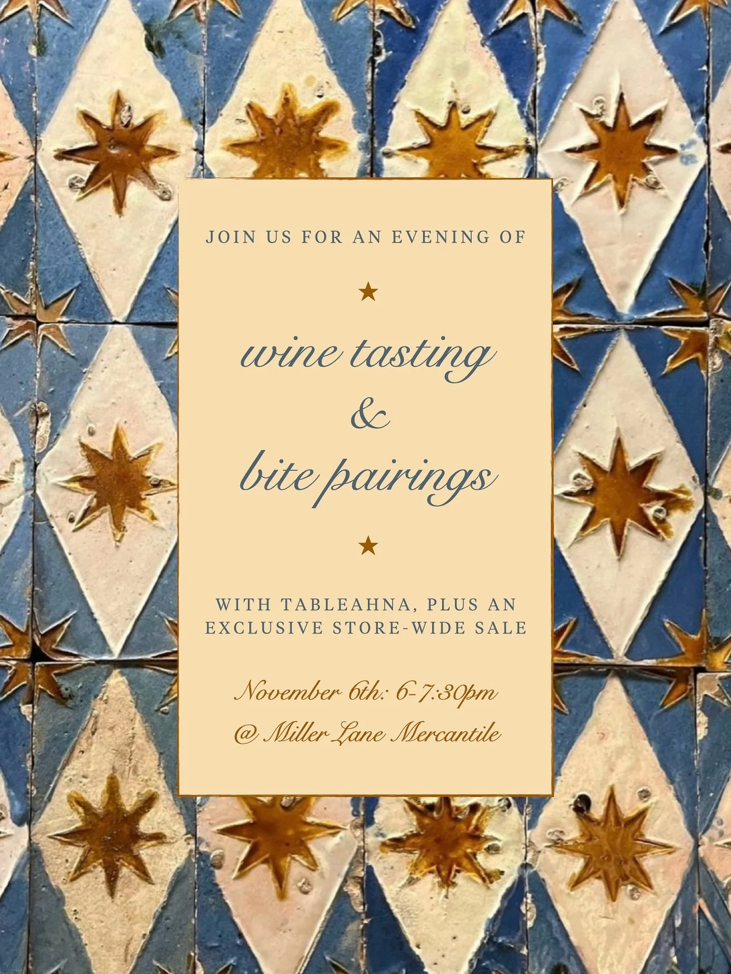tickets for our upcoming food + wine pairing event are LIVE! 
join Miller Lane and TableAhna as we team up for an intimate night of great wine, bites, and company! sample a selection of delicious wines each paired with an accompanying hors d'oeuvre,