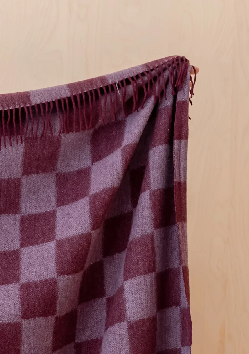 TBCo Recycled Wool Blanket in Burgundy & Lilac Checkerboard 02.webp