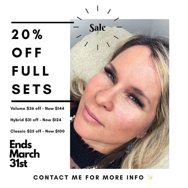 I&rsquo;m having an AMAZING discount on full sets of lash extensions this month! 20% off for new clients 🤩🤩🤩 If you already have lash extensions here are my prices for fills:
⚡️
Classic: $50 
Hybrid: $65 
Volume: $85 
If you&rsquo;re interested co