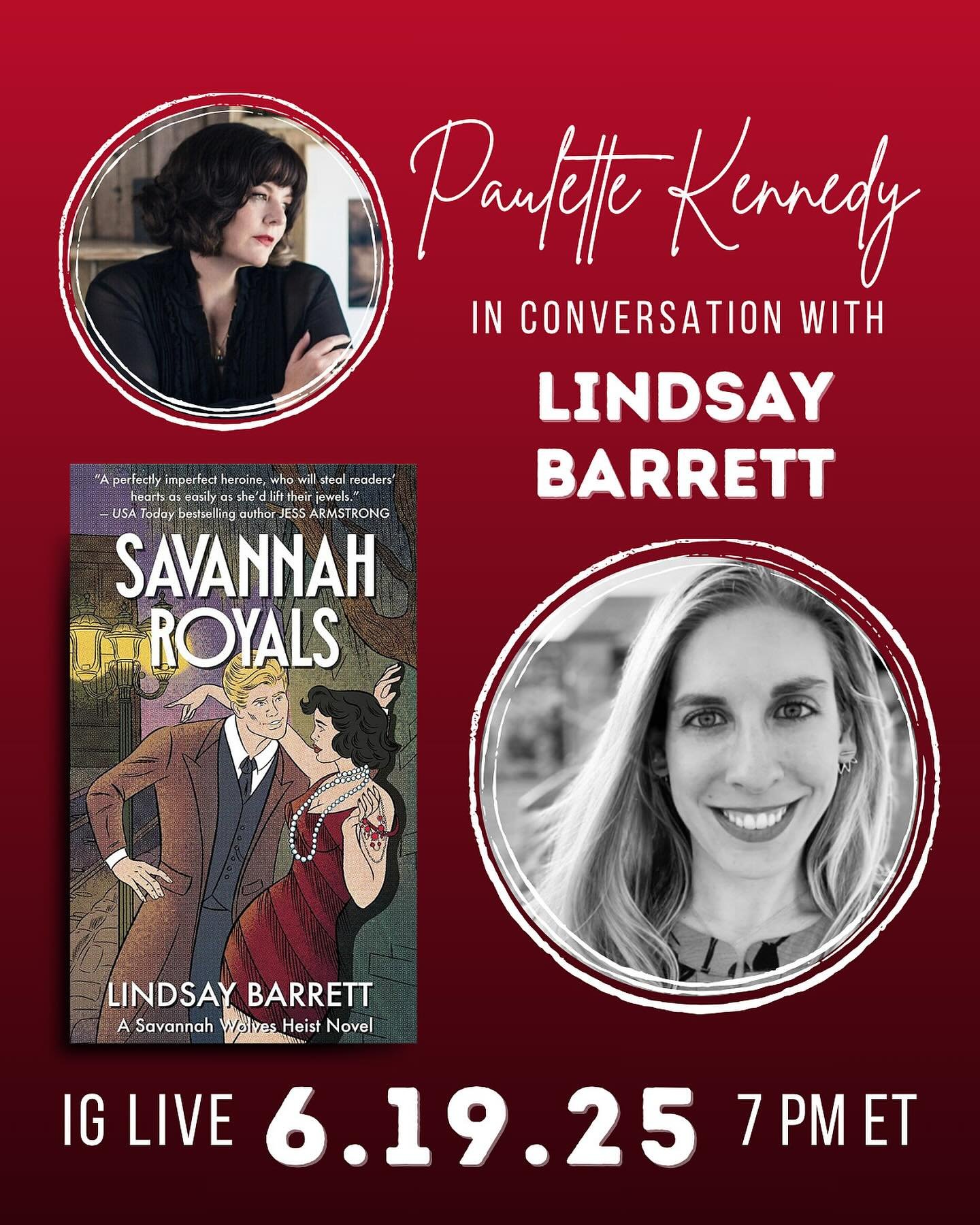 Tomorrow!! I&rsquo;m so excited to host @lindsay_barrett_books for a conversation about her debut novel, SAVANNAH ROYALS, a sultry historical heist romance about an ambitious and clever con artist named Kat who inhabits two worlds: Savannah&rsquo;s g