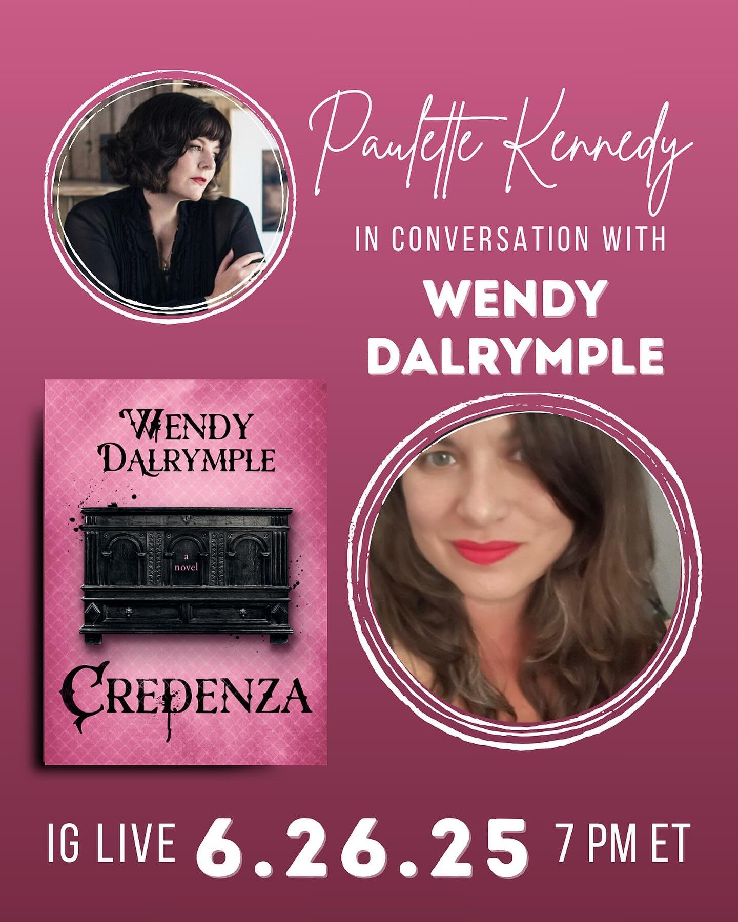 Tomorrow!! 6/26 at 4:00 pm Pacific/7:00 pm Eastern, join me and @wendydalrymplewrites for a conversation about her latest pink horror novel, CREDENZA, which follows an antiques dealer who inherits a beautiful wooden credenza from her grandmother only