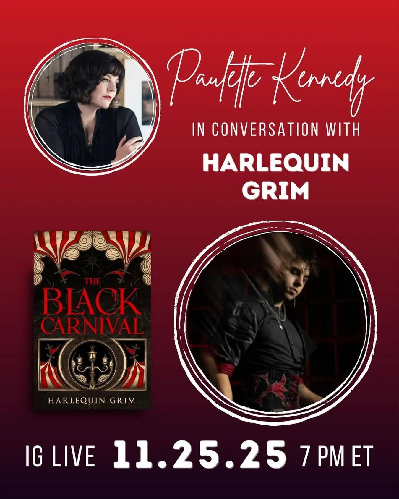Tomorrow! 11/25 at 4:00 p.m. PST/7:00 p.m. EST join me and @harlequin.grim for a conversation about his bestselling gothic horror debut, THE BLACK CARNIVAL, which follows Atherton Graves, a mortuary worker coping with a rash of child deaths, who susp