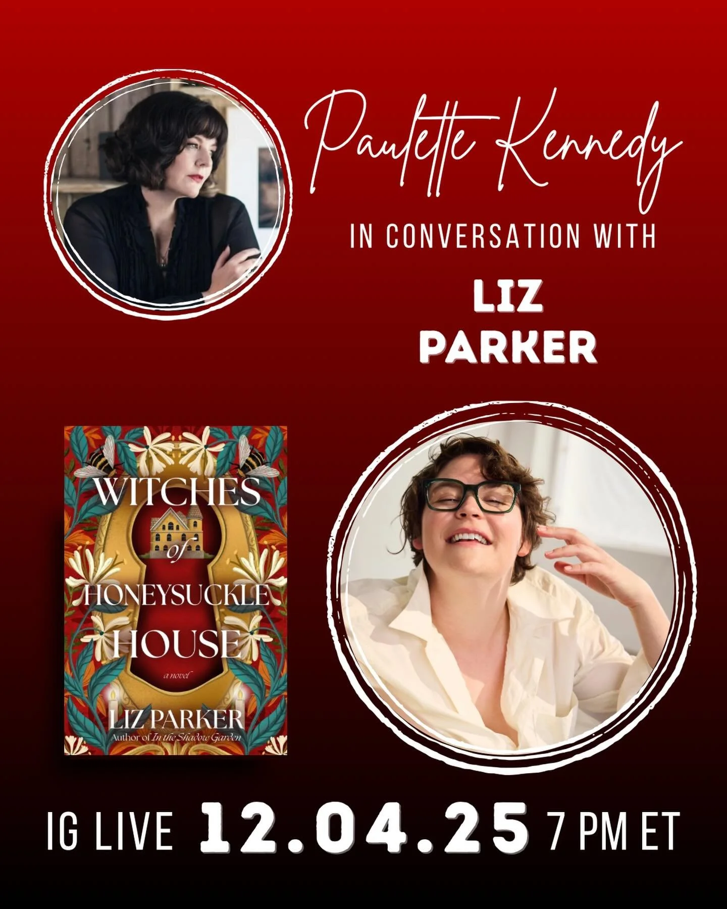 On Thursday, December 4th at 4:00 p.m. PST/7:00 p.m. EST, join me and @lizparkerwrites right here on Instagram Live for a conversation about their new novel, WITCHES OF HONEYSUCKLE HOUSE, which follows two sisters haunted by a curse that kills someon
