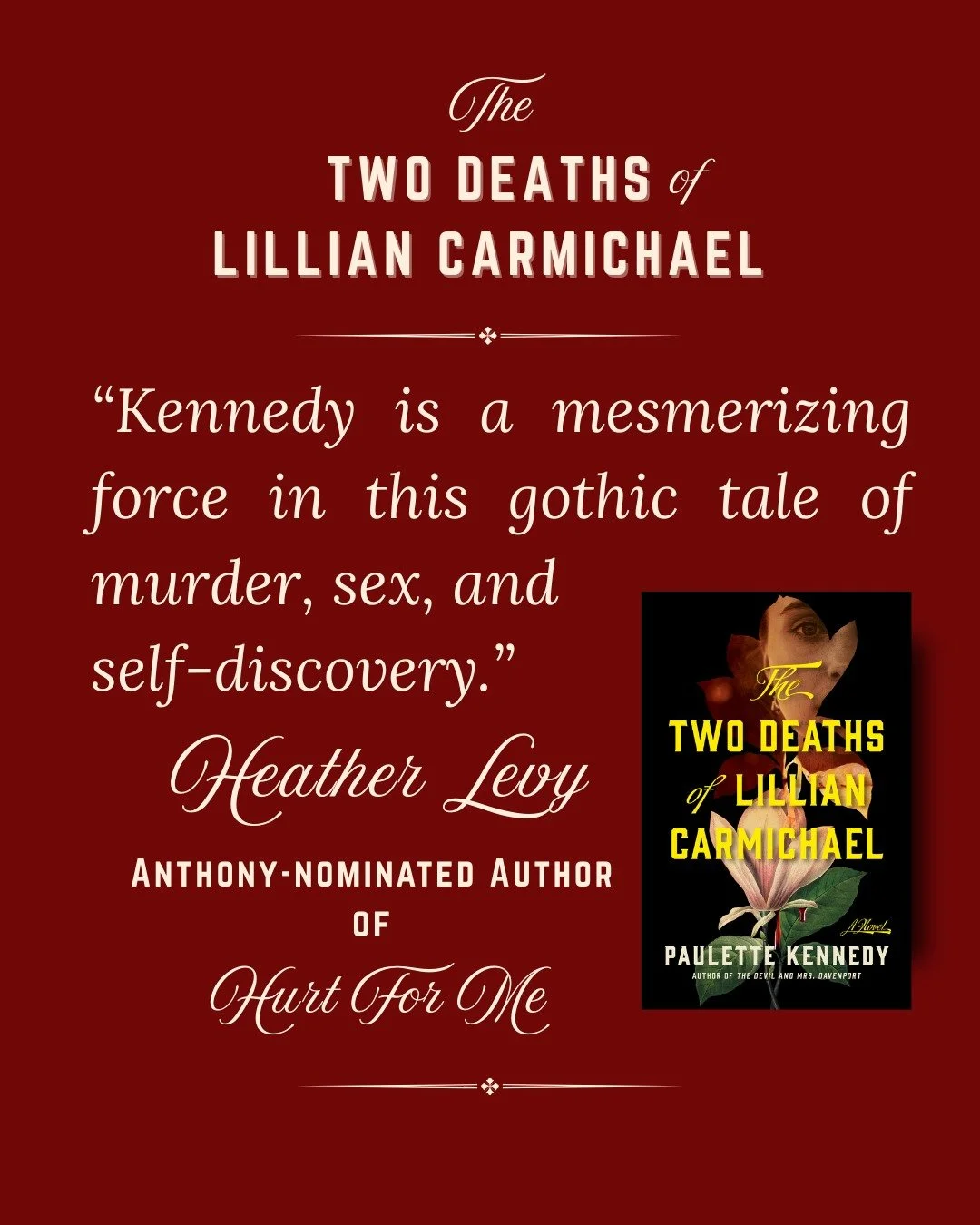 It's time to start promoting my next novel, THE TWO DEATHS OF LILLIAN CARMICHAEL (who am I kidding? It's been time for awhile now!) 

The book launches on March 10th, and is now available for pre-order (link in bio)

Today, I wanted to share the firs