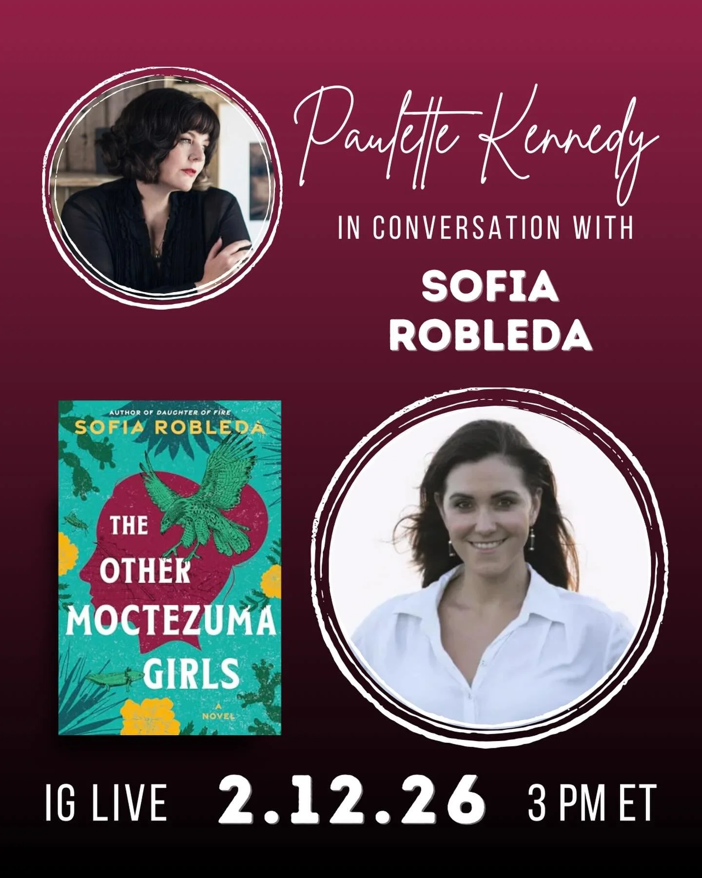 Next Thursday, 2/12, at 12:00 p.m. PST/3:00 p.m. EST and 8:00 p.m. GMT join me here on Instagram Live for a conversation with @sofiarobleda about THE OTHER MOCTEZUMA GIRLS, her sophomore historical novel that follows Isabel, the daughter of the last 