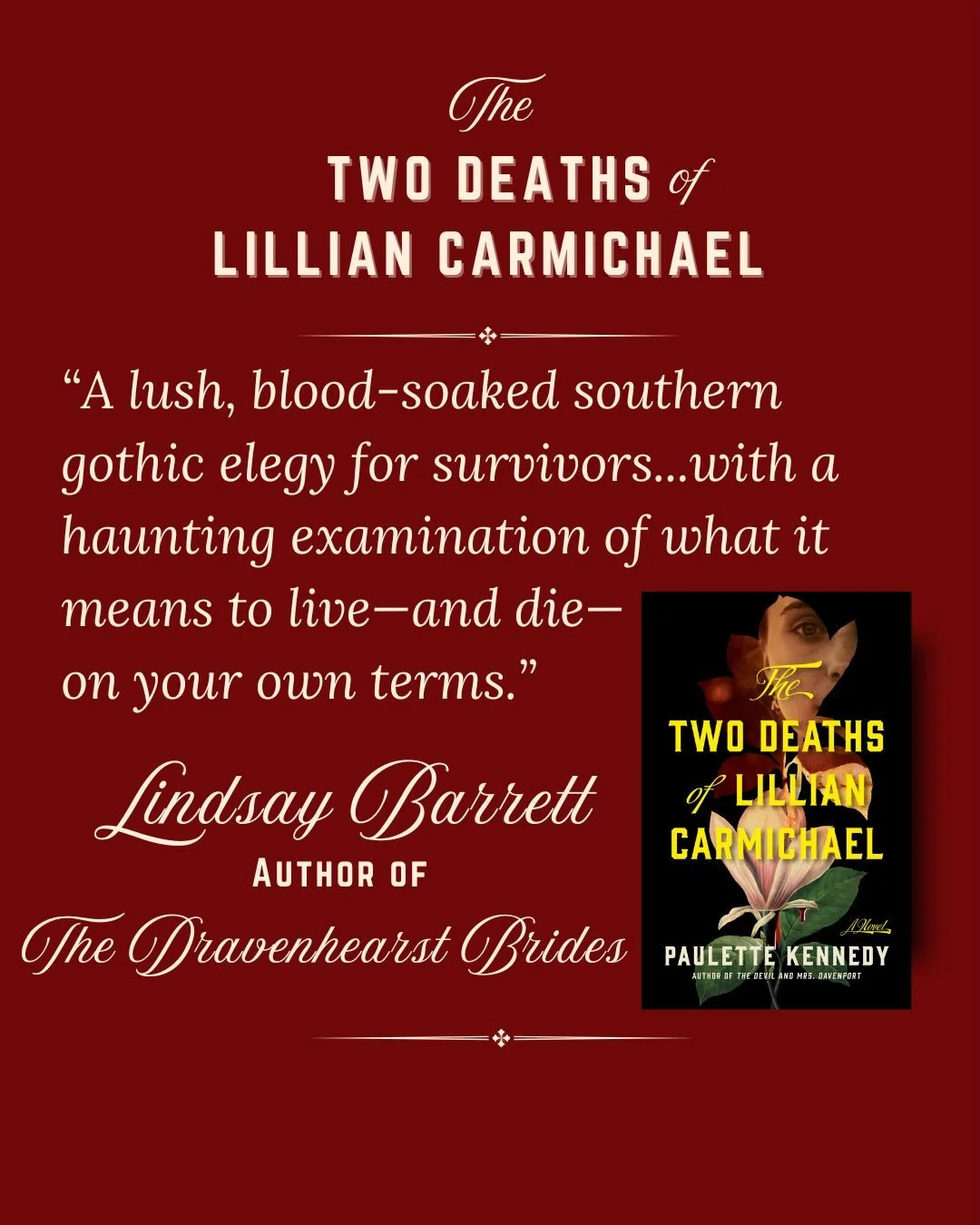 Only 3 weeks until launch day for THE TWO DEATHS OF LILLIAN CARMICHAEL, and today, I&rsquo;m sharing a very special blurb from one of my favorite people, @lindsay_barrett_books author of SAVANNAH ROYALS and THE DRAVENHEARST BRIDES.

Lindsay writes de