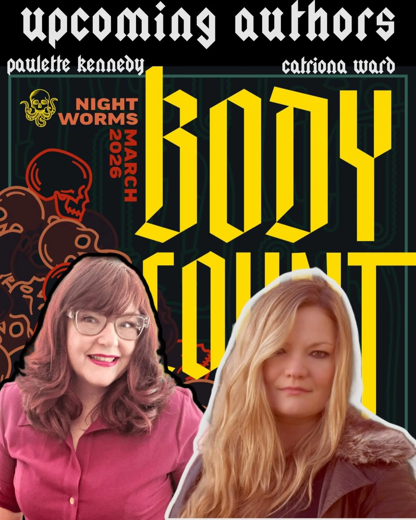 Some news!! 🎉 Thank you @mother.horror and @night_worms 

Repost from @night_worms
&bull;
Meet the upcoming authors in our March package! @pkennedywrites &amp; @catward66 Body Count includes one brand new paperback and one brand new hardcover + a go