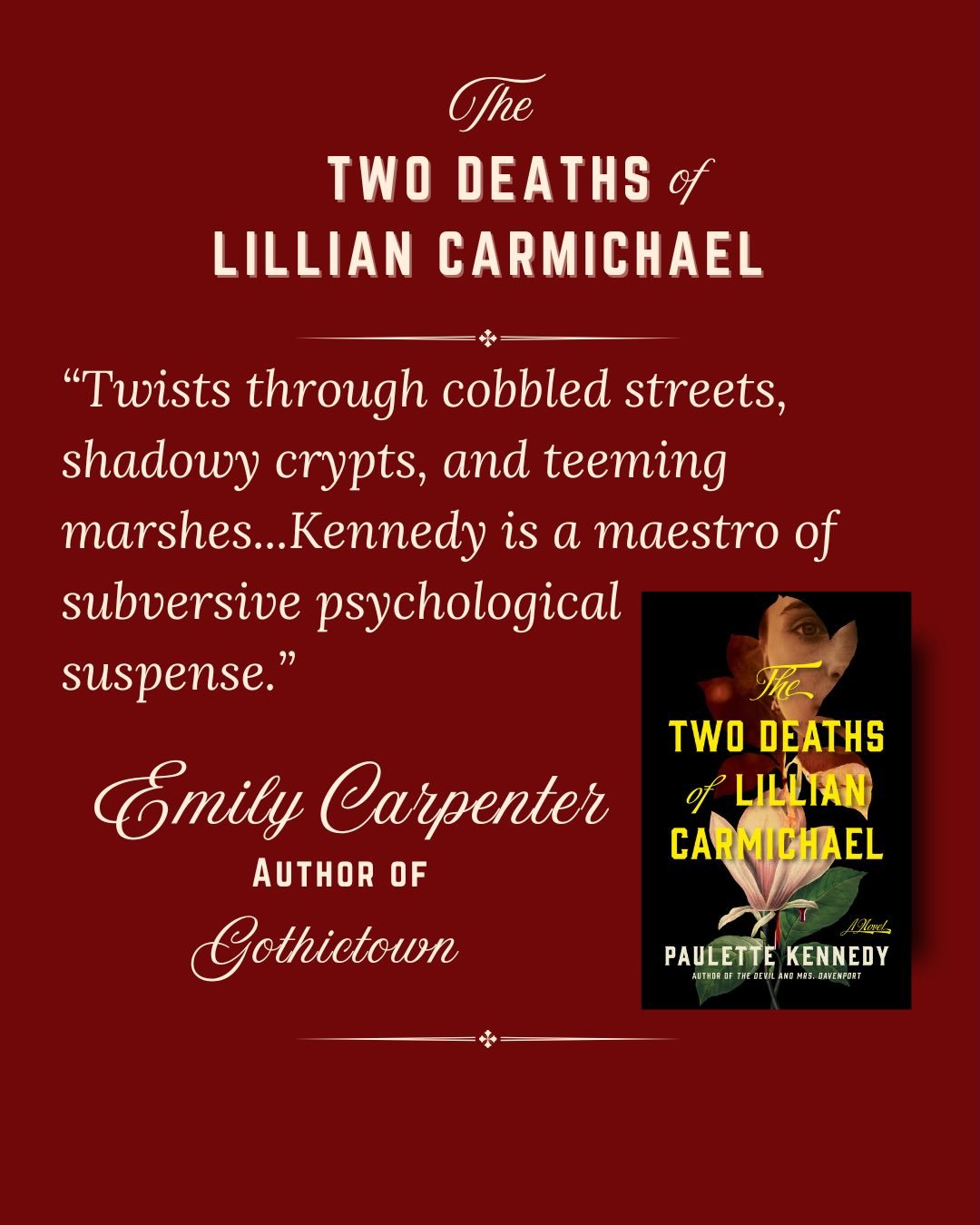 THE TWO DEATHS OF LILLIAN CARMICHAEL launches into the world on March 10th and I wanted to share another gorgeous blurb from one of my fabulous colleagues to entice you. 

Words aren&rsquo;t enough to convey how much I admire @emily.d.c &mdash; the p