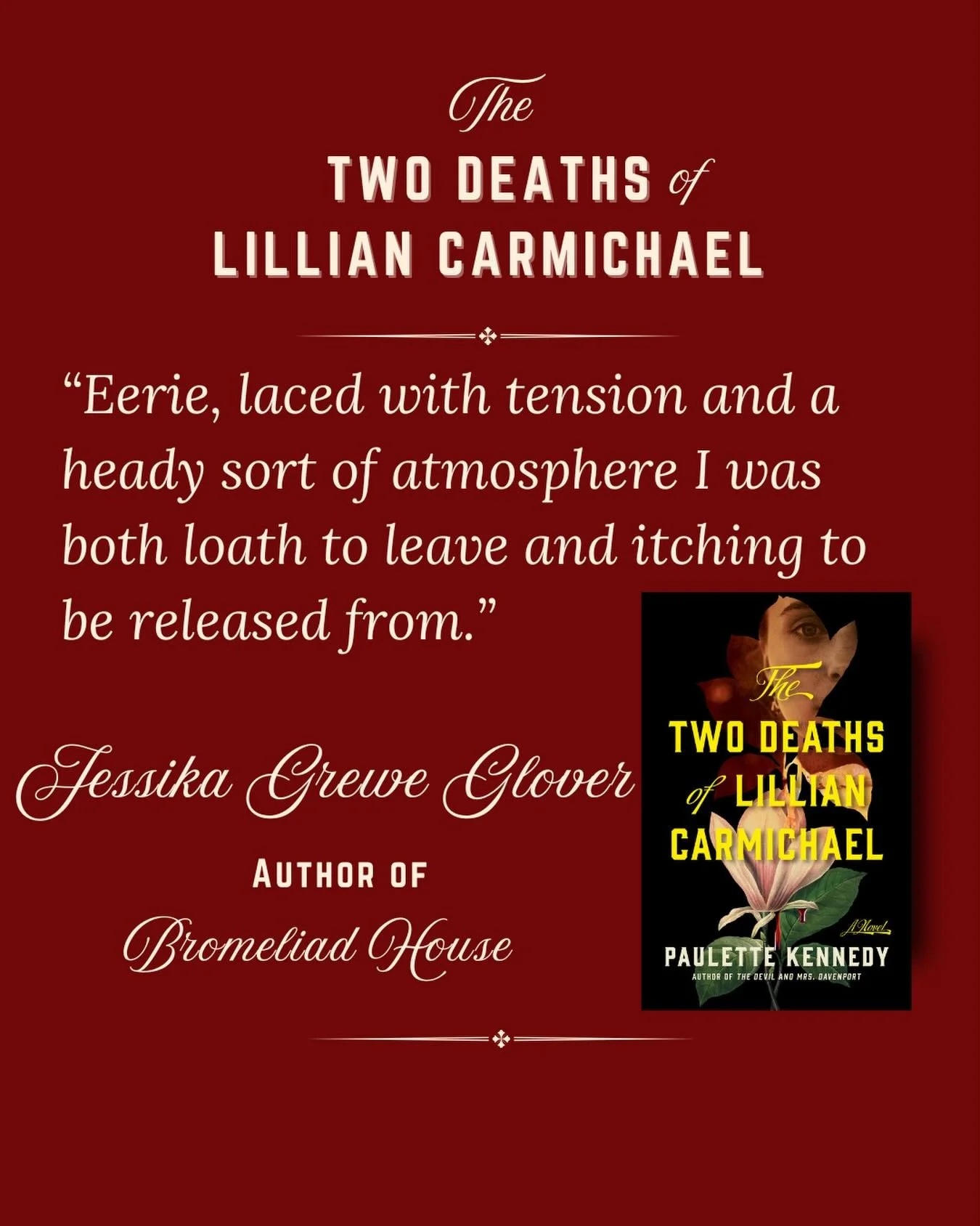 THE TWO DEATHS OF LILLIAN CARMICHAEL launches ✨tomorrow✨and I am so excited for readers to discover my suspenseful vampire-scare novel set in 1850s Charleston

I&rsquo;m pleased to share this wonderful blurb from my friend @jessikagreweglover who has