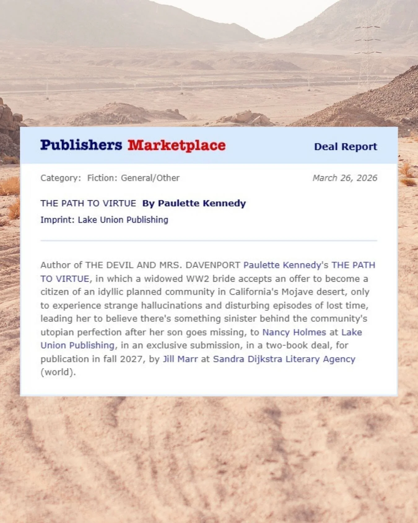 I have an ✨ANNOUNCEMENT✨

THE PATH TO VIRTUE is coming your way in fall of 2027 from Lake Union Publishing! Many, many thanks to my agent @jill_marr and my editor @nancyytaylorr for advocating for me! 

This trippy, wild story set in the California d