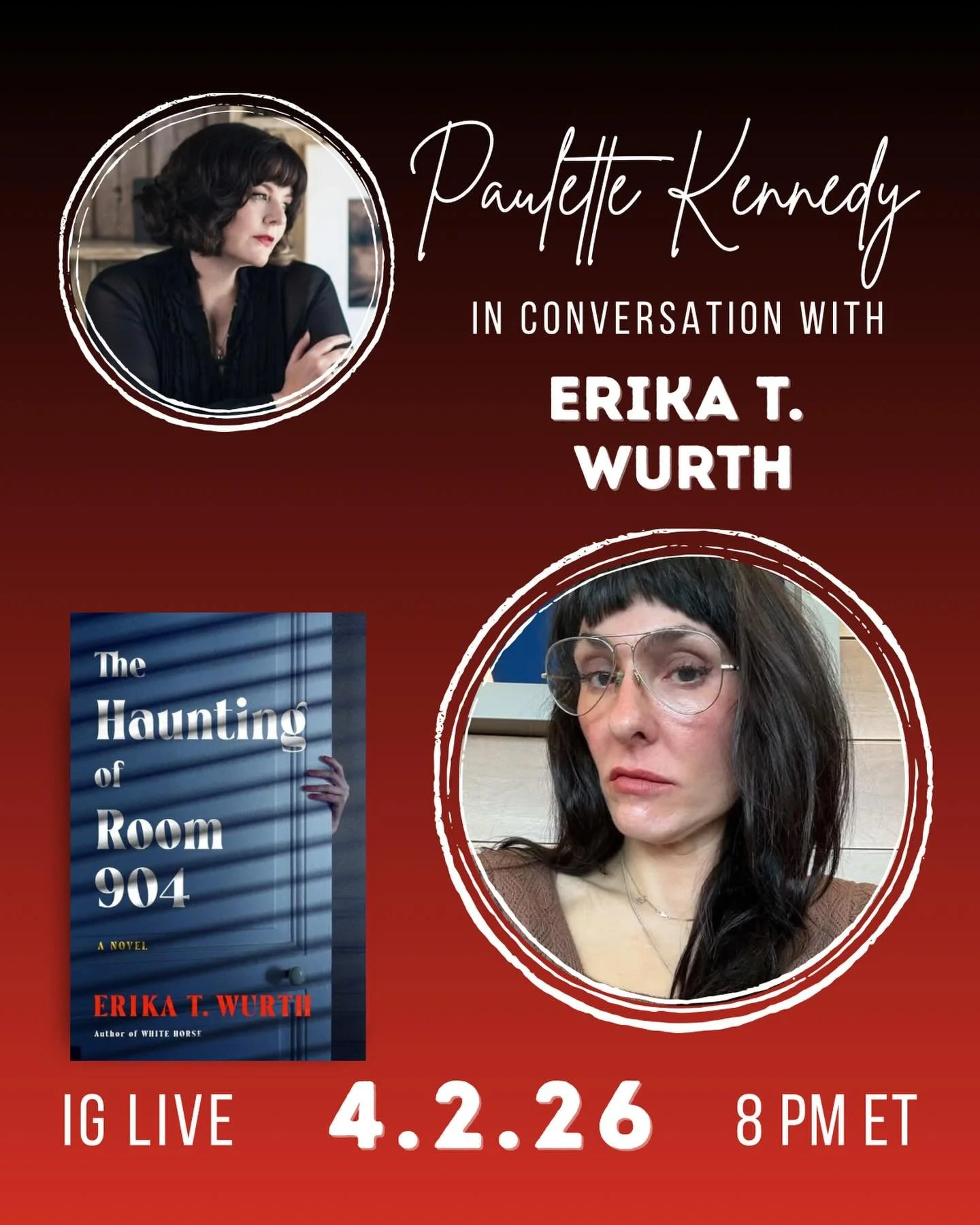 Tomorrow! 4/2 at 8:00 pm Eastern/5:00 pm Pacific, join me and @erikatwurth for a conversation about THE HAUNTING OF ROOM 904, her paranormal thriller about a reluctant medium who must investigate a series of strange deaths occurring at a landmark hot