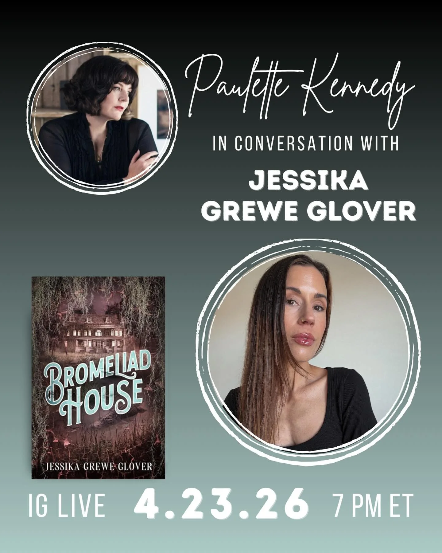 On Thursday, April 23rd at 4:00 pm PT/7:00 pm ET, join me and @jessikagreweglover right here on IG Live for a conversation about BROMELIAD HOUSE, her Florida gothic which follows Delphine, who inherits her family&rsquo;s haunted estate, and must conf
