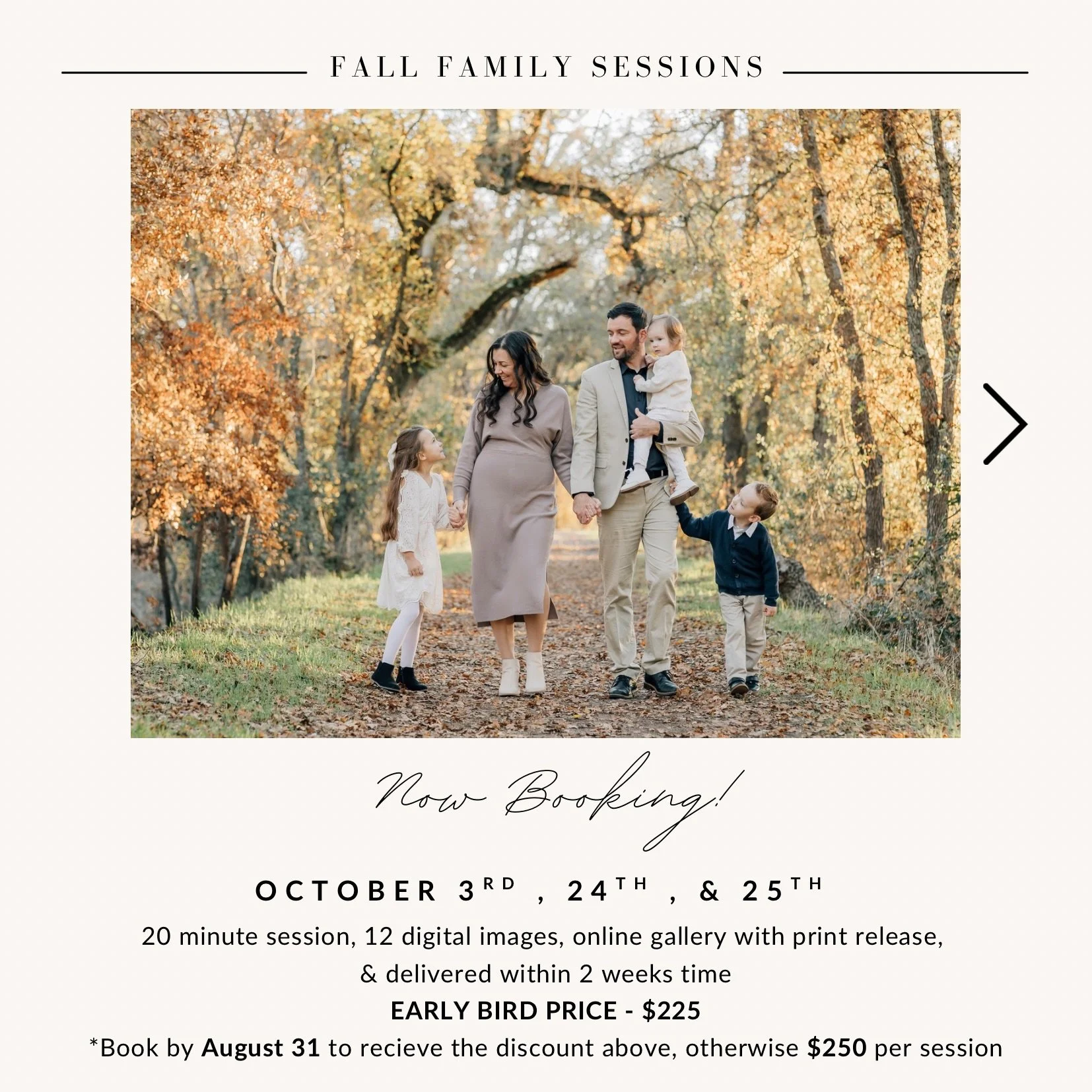 Early bird special: Book by August 31st and save $25 on your Fall Session. Spots are limited &mdash; don&rsquo;t wait!
.
.
.
.
#KansasCityPhotographer #KCFamilyPhotographer #KansasCityFamilyPhotography #KCPhotography #KansasCityFallSessions