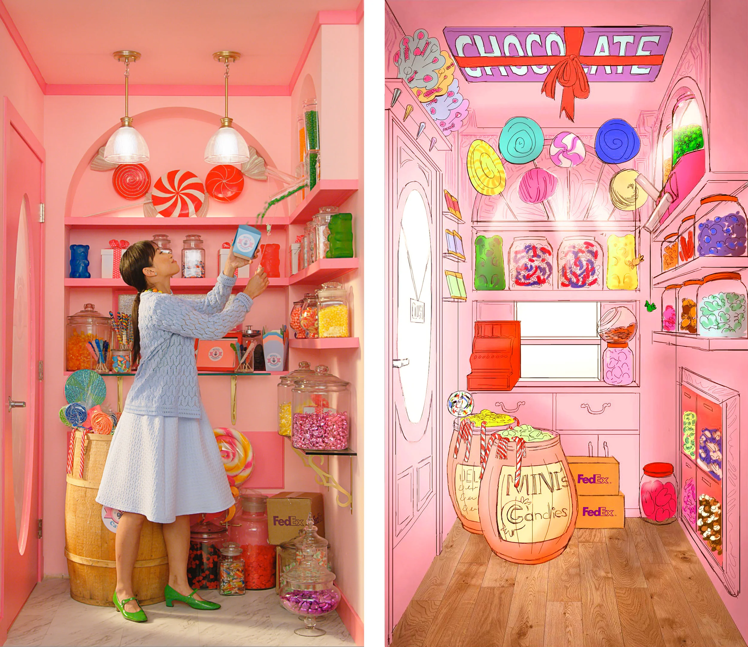 Production illustration by Thomas Teraoka . Production designer is the fabulous Michael Fitzgerald . The candy store owner is Wen Rock .